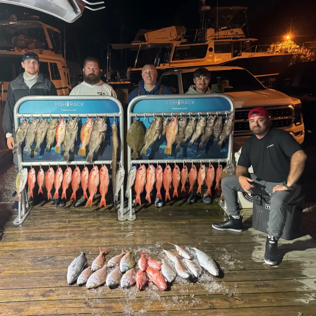 Smiling anglers at the dock at night with a big haul of snapper, grouper, and other fish caught on a Destin fishing charter with Capt. Blake Wyatt.